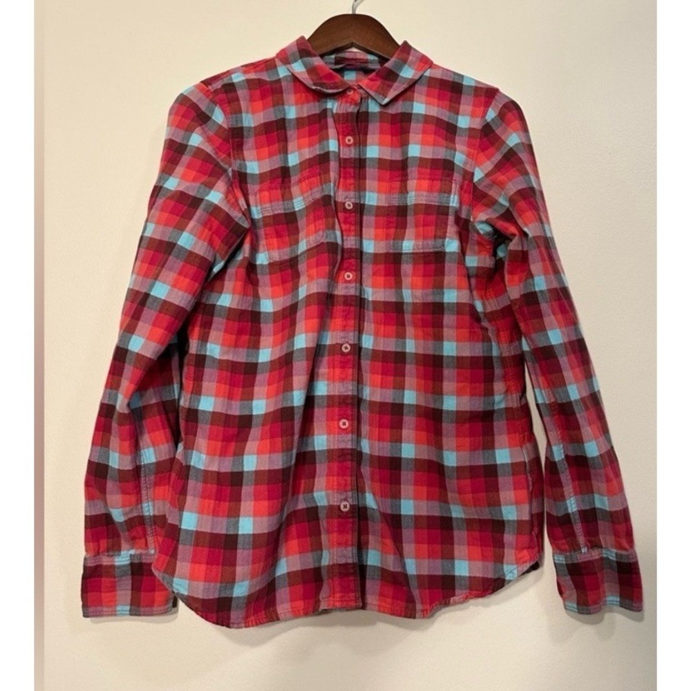 The North Face RED PINK AQUA PLAID Cotton button up flannel shirt WOMANS L/LARGE